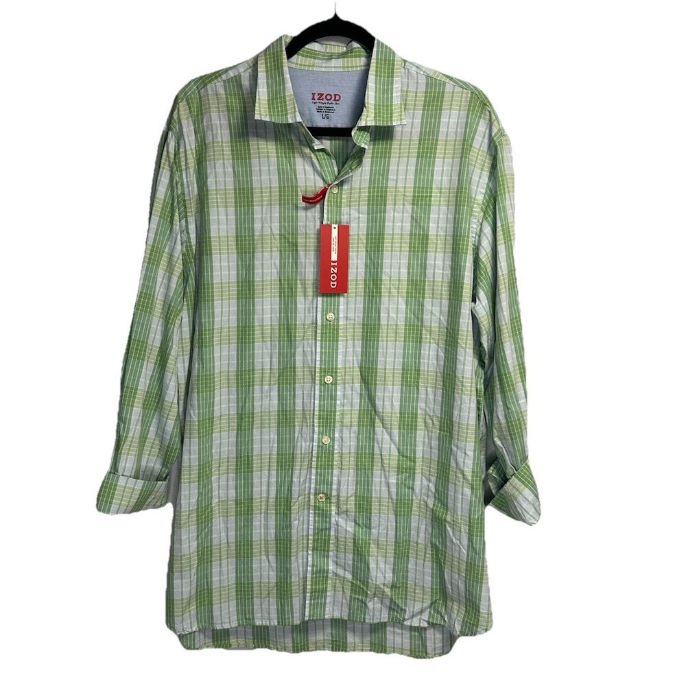 New Izod Lightweight Poplin Shirt Mens Large Green Blue Plaid Button Up Collared